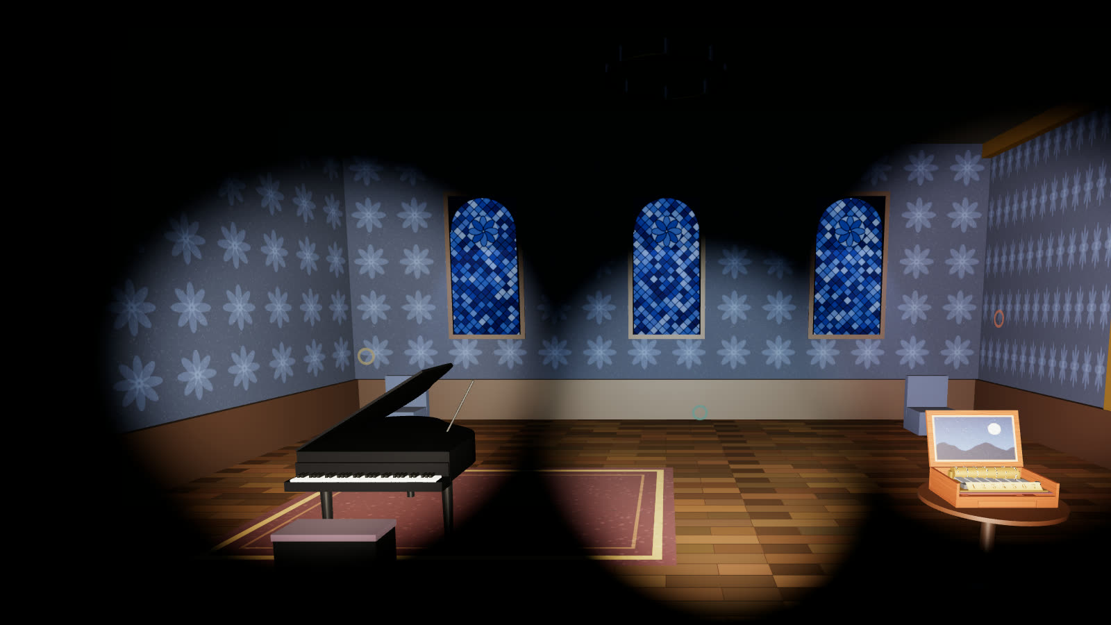 Le salon de musique, rendue en 3D, éclairée par les lampes des joueurs