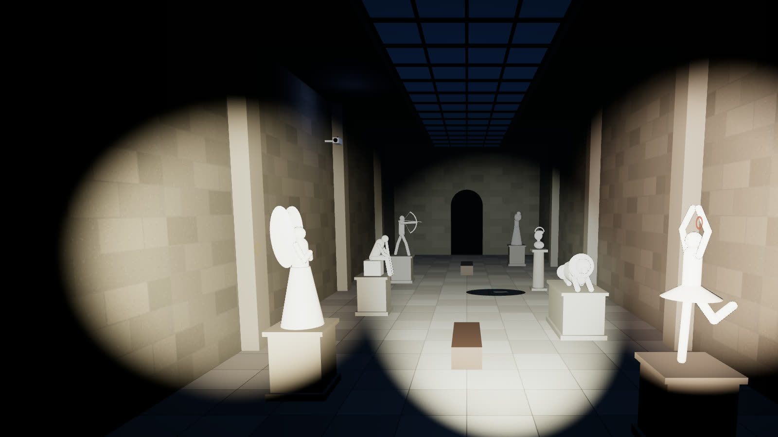 La galerie des statues, rendue en 3D, éclairée par les lampes des joueurs